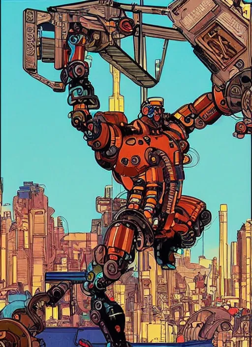 Image similar to buff cyberpunk weight lifter. robotic arm. portrait illustration, pop art, splash painting, art by geof darrow, ashley wood, alphonse mucha, makoto shinkai, laurie greasley, josan gonzales ( apex legends )