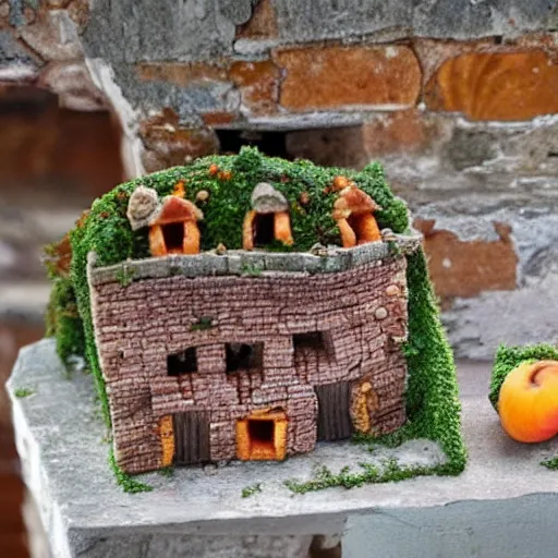 Prompt: a tiny village inside a wallnut made of tiny peaches