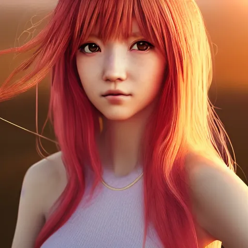 Image similar to Render of a beautiful 3d anime woman, long pink hair, full bangs, hazel eyes, cute freckles, full round face, soft smile, Chinese heritage, cute checkerboard sundress, golden hour, serene beach setting, medium shot, mid-shot, hyperdetailed, trending on Artstation, Unreal Engine 4k