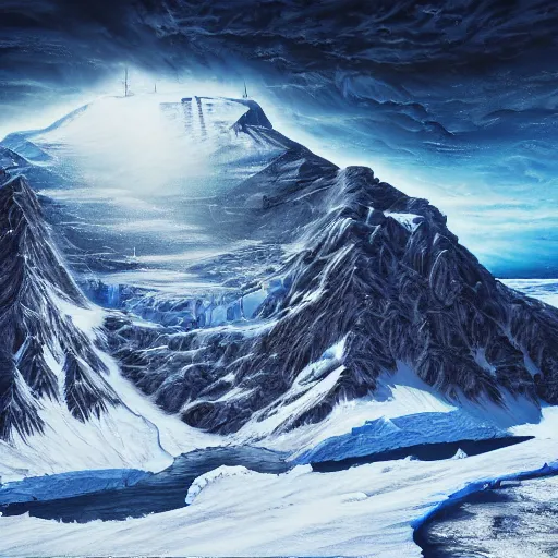 Prompt: mysteries of Antarctica glacial cult mountain god, realistic fantasy, oil painting, primeval duality, cinematic, establishing shot, extremely high detail, photo realistic, cinematic lighting, oil painting, intricate line drawings, 8k resolution