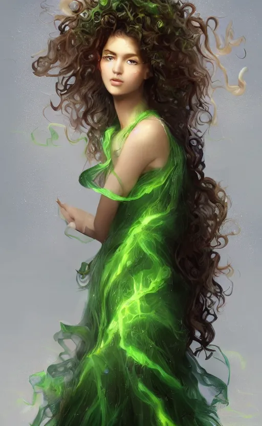 Image similar to a young woman with wild, curly hair and bright green eyes. she's wearing a flowing dress made of light, airy fabric and she has a mischievous look on her face, dynamic lighting, photorealistic fantasy concept art, trending on art station, stunning visuals, creative, cinematic, ultra detailed