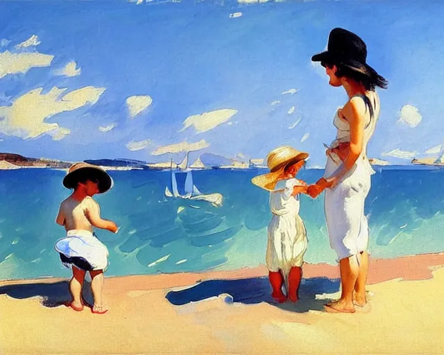 Image similar to a couple and a girl toddler on a beach in sardinia looking at a sailing boat, the man is wearing a panama hat, the woman has long dark hair, white sand, blue sky, summer, white and blue, painting by joaquin sorolla