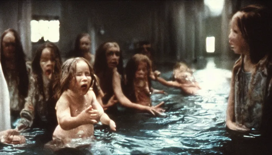 Image similar to 7 0 s film still from a horror movie about baptism, kodachrome, cinecolor, cinestill, film grain, film texture, retro, cinematic, high resolution, photorealism,