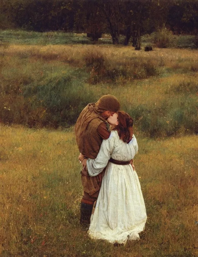 Prompt: peasant boy and girl first kiss, secretly on a village, Cinematic focus, Polaroid photo, vintage, neutral colors, soft lights, foggy, by Steve Hanks, by Serov Valentin, by lisa yuskavage, by Andrei Tarkovsky detailed, oil on canvas