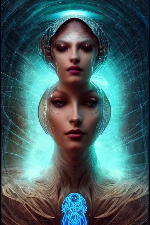Prompt: a render of an ancient futuristic ethereal alluring goddess with digital modifications surrounded by a underwater ink pour and flowing liquid gallium and complex sacred geometry, powerful, cinematic, beautifully lit, perfect face, by beeple, by artgerm, by karol bak, 3 d, trending on cgsociety, octane render, zbrush central, 8 k