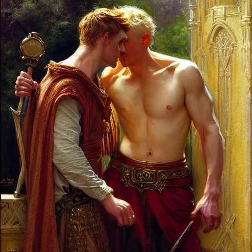 Image similar to attractive, arthur pendragon in love with attractive male, merlin the mage. highly detailed painting by gaston bussiere, craig mullins, j. c. leyendecker