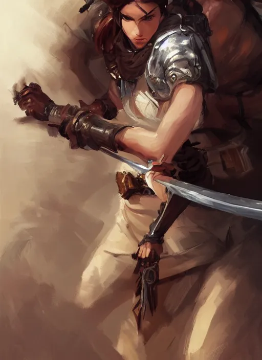 Image similar to beautiful portrait of desert warrior holding a sword, art by krenz cushart, close - up portrait, dynamic pose, upper body, fantasy, digital painting, featured on artstation, highly detailed illustration, intricate, elegant, sharp focus, 4 k