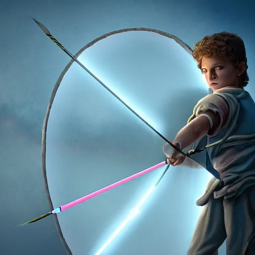 Image similar to cupid shooting an arrow, the arrow is glowing pink, matte painting, cinematic, 4 k