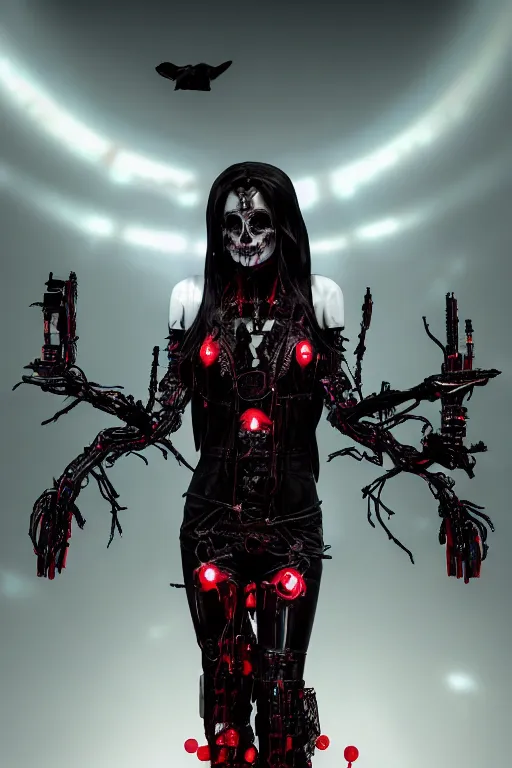 Image similar to full-body cyberpunk style sculpture of a young beautiful dark priestess, half android with a head opening exposing circuitry, glowing red eyes, black roses, flowing blood red colored silk, fabric, candles. baroque elements, human skull. full-length view. baroque element. intricate artwork by caravaggio. crows flying in background. Trending on artstation, octane render. cinematic lighting from the right, hyper realism, octane render, 8k, depth of field, 3D
