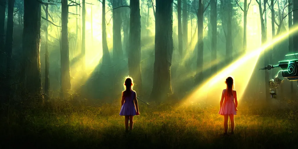 Image similar to sci - fi scene future new york, little girl holding a hand of a big robot, forest punk, crepuscular rays, epic scene, hyper realistic, photo realistic, overgrowth, cinematic atmosphere, ethereal lighting,