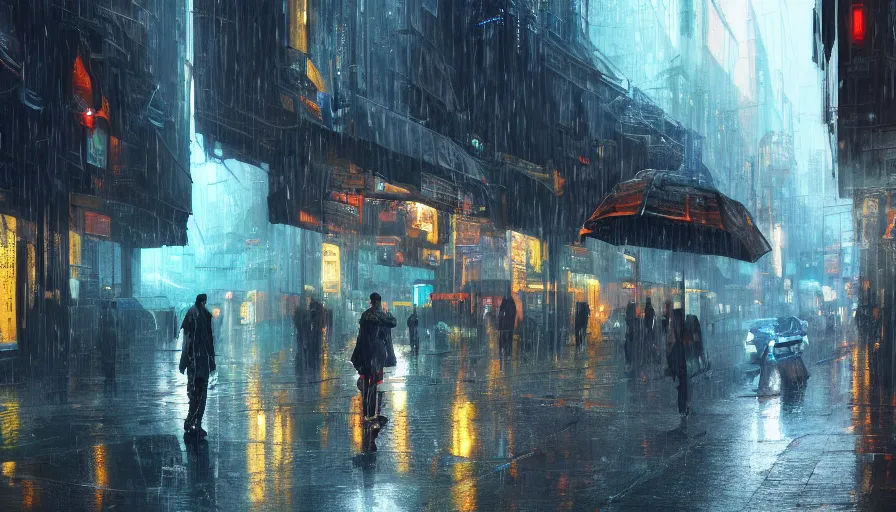 Prompt: city street of distant future 3 0 th century in early evening by laser lights during rain, shadows, reflections, epic composition, intricate, elegant, volumetric lighting, digital painting, highly detailed, artstation, sharp focus, illustration, concept art, ruan jia, steve mccurry