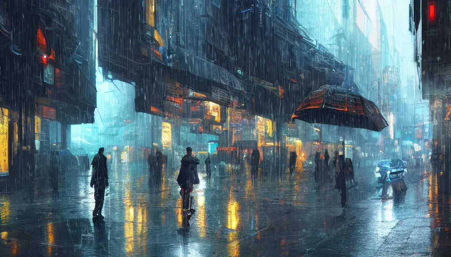 Image similar to city street of distant future 3 0 th century in early evening by laser lights during rain, shadows, reflections, epic composition, intricate, elegant, volumetric lighting, digital painting, highly detailed, artstation, sharp focus, illustration, concept art, ruan jia, steve mccurry