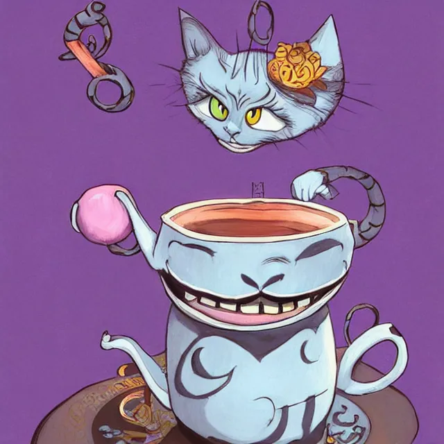 Image similar to cheshire cat drinking tea, by cory loftis, character art, art, very coherent, plain background, lighthearted, soft painting