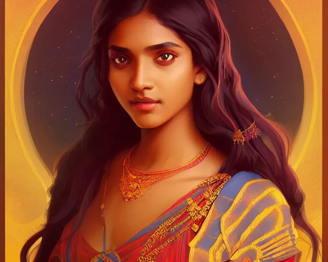 Image similar to beautiful sri lankan girl, photography of kurzgesagt, deep focus, d & d, fantasy, intricate, elegant, highly detailed, digital painting, artstation, concept art, matte, sharp focus, illustration, hearthstone, art by artgerm and greg rutkowski and alphonse mucha