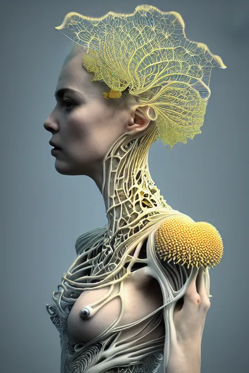 Image similar to complex intricate hyper detailed ultra sharp 3 d render of a beautiful porcelain biomechanical woman medium shot portrait, floodlight, large pore fractal fungi embroidered, cyberpunk art nouveau, haute couture alexander mcqueen leaves stems dahlia transparent fractal crystalline dandelion yellow pistil filigree roots, intricate details, octane render, volumetric cinematic lighting, 8 k,