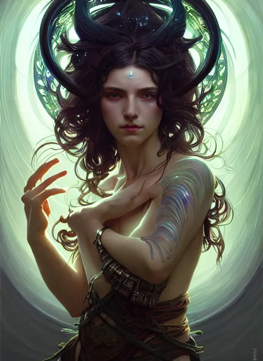 Prompt: a beautiful cinematic female druid goddess, galatic shamen with Quantum energy fantasy, fantasy magic, undercut hairstyle, dark light night, intricate, elegant, sharp focus, illustration, highly detailed, digital painting, concept art, matte, art by WLOP and Artgerm and Greg Rutkowski and Alphonse Mucha, masterpiece