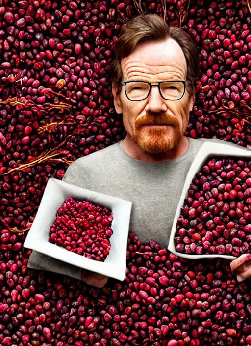 Image similar to tiny bryan cranston sitting inside a bown of cranberries, food photography, natural light, sharp, detailed face, magazine, press, photo, steve mccurry, david lazar, canon, nikon, focus