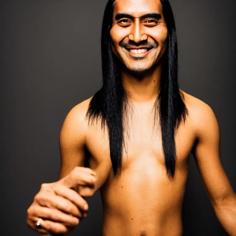 Prompt: A photo of Emperor Kuzco!!!!!!!!!!!!!!!! with his black long hair, face shaved and smiling with confidence wearing his emperor clothes, tan skin. Portrait by Terry Richardson. Golden hour. 8K. UHD. Bokeh.