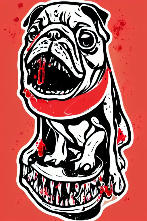 Image similar to Evil pug, sticker, blood thirsty, blood, evil, colorful, illustration, highly detailed, simple, smooth and clean vector curves, no jagged lines, vector art, smooth