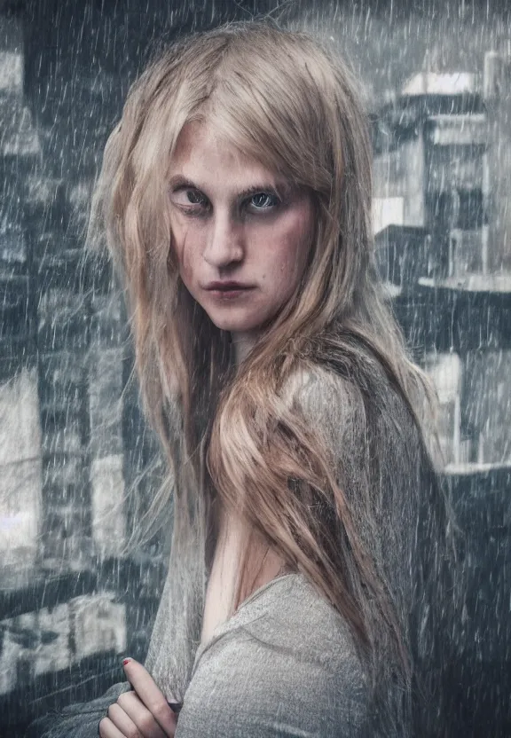 Prompt: cute model annie leonhart posing in dunwall city building roof, beautiful face, detailed face, realistic eyes, cinematic lighting, rainy weather, melancholy atmosphere, volumetric light, gothic architecture, realistic reflections, model agency, instagram photo, depression atmosphere, shot on sony camera, beauty filter, postprocessing