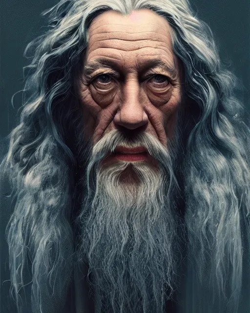 Image similar to portrait of gandalf smoking bong, intricate abstract. intricate artwork, by tooth wu, wlop, beeple, dan mumford. concept art, octane render, trending on artstation, greg rutkowski very coherent symmetrical artwork. cinematic, key art, hyper realism, high detail, octane render, 8 k, iridescent accents