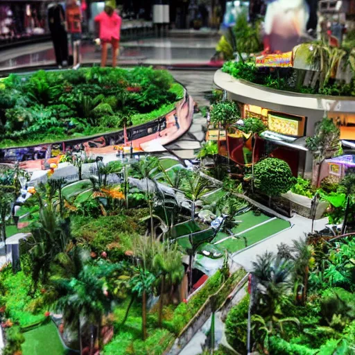 Prompt: A diorama of a shopping center in the middle of the Jungle