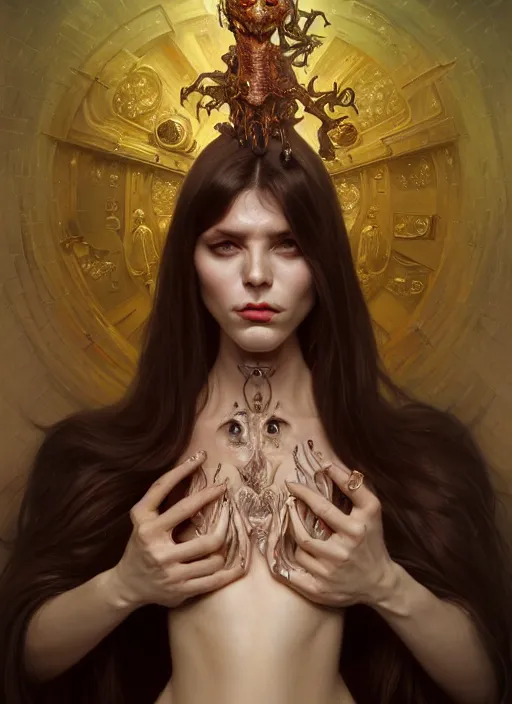 Image similar to a full body perspective of a preistess of the underworld, severe expression, crooked nose, shiny, intricate, elegant, highly detailed, ultra definition, digital painting, artstation, vray, concept art, smooth, high speed photography, illustration, art by artgerm and greg rutkowski and alphonse mucha and james jean