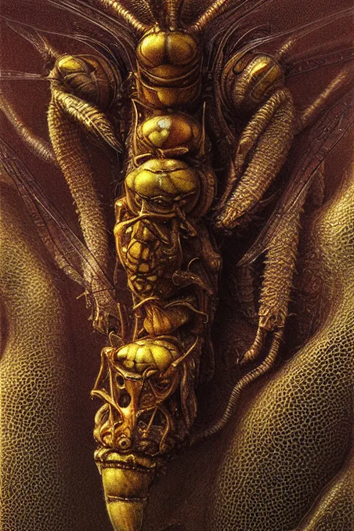 Prompt: closeup of wasp, hdr, intricate details, by Zdzislaw Beksinski, boris vallejo, giger, highly detailed, soft lighting, film grain, medium format, 8k resolution, oil on canvas