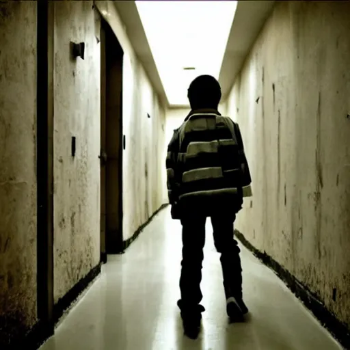 Prompt: 13 year old boy walking in a endless nostalgic hallway with pictures of lonely places of the walls