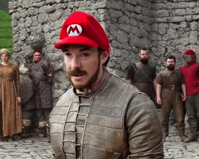 Image similar to promotional image of real life super mario in game of thrones, realistic, red cap, red clothes, detailed face, movie still frame, promotional image, imax 70 mm footage