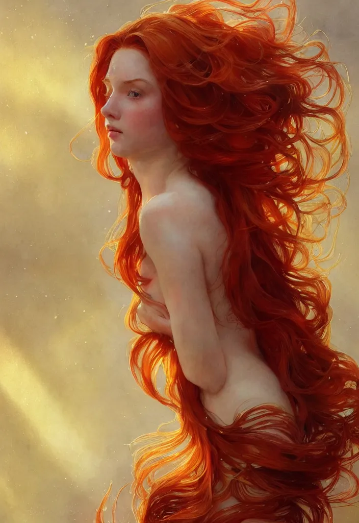 Image similar to beautiful watercolor painting of a young red hair woman surrounded by golden fish, intricate, elegant, highly detailed, digital painting, artstation, concept art, smooth, sharp focus, art by krenz cushart and artem demura and alphonse mucha, dynamic lighting, full body shot, ultrarealistic, cinematic, octane render, 8 k