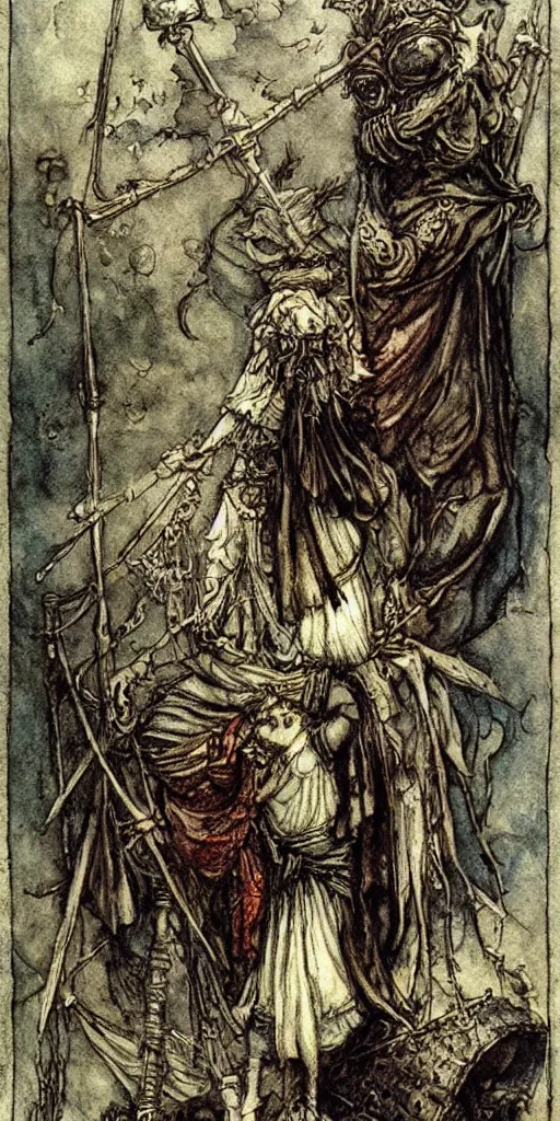 Image similar to tarot card detailed painting, illustration, colorful, tarot card ornate framing with roman numerals, in style of Arthur Rackham, Jakub Różalski