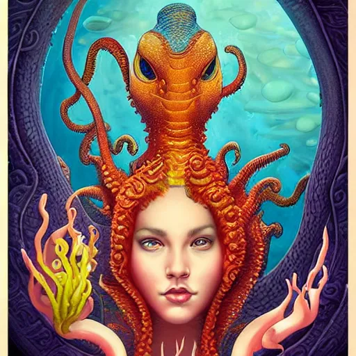 Image similar to underwater naga lovecraft lovecraftian portrait with sea creatures, Pixar style, by Tristan Eaton Stanley Artgerm and Tom Bagshaw.