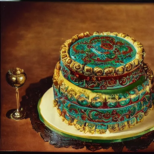 Prompt: photograph of a fancy baroque cake from 1970's cookbook in color