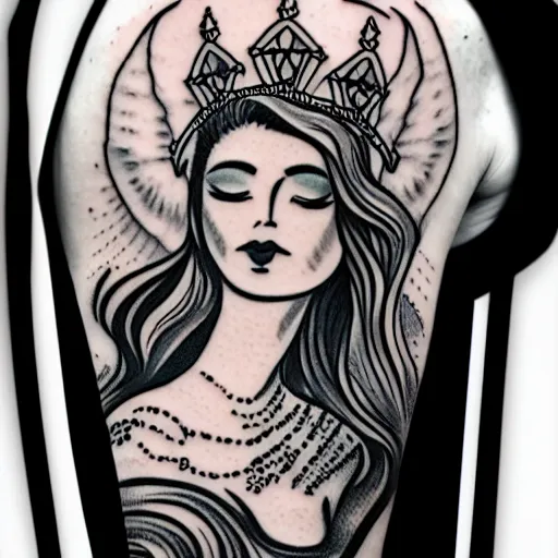 Image similar to a peaceful meditative mermaid with a banner across her chest wearing a crown, full body, symmetrical, highly detailed black and white new school pinup tattoo design