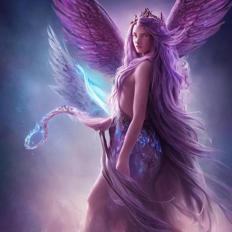 Image similar to beautiful cinematic fantasy poster, a beautiful princess queen with dark rainbow angel wings with flowing illuminated hair, beautiful glowing galaxy eyes, wideshot ultrawide angle epic scale, hybrid from The Elden Ring and art direction by Darius Zawadzki ;by artgerm; wayne reynolds art station; cinematic quality character render; low angle; ultra high quality model; production quality cinema model;