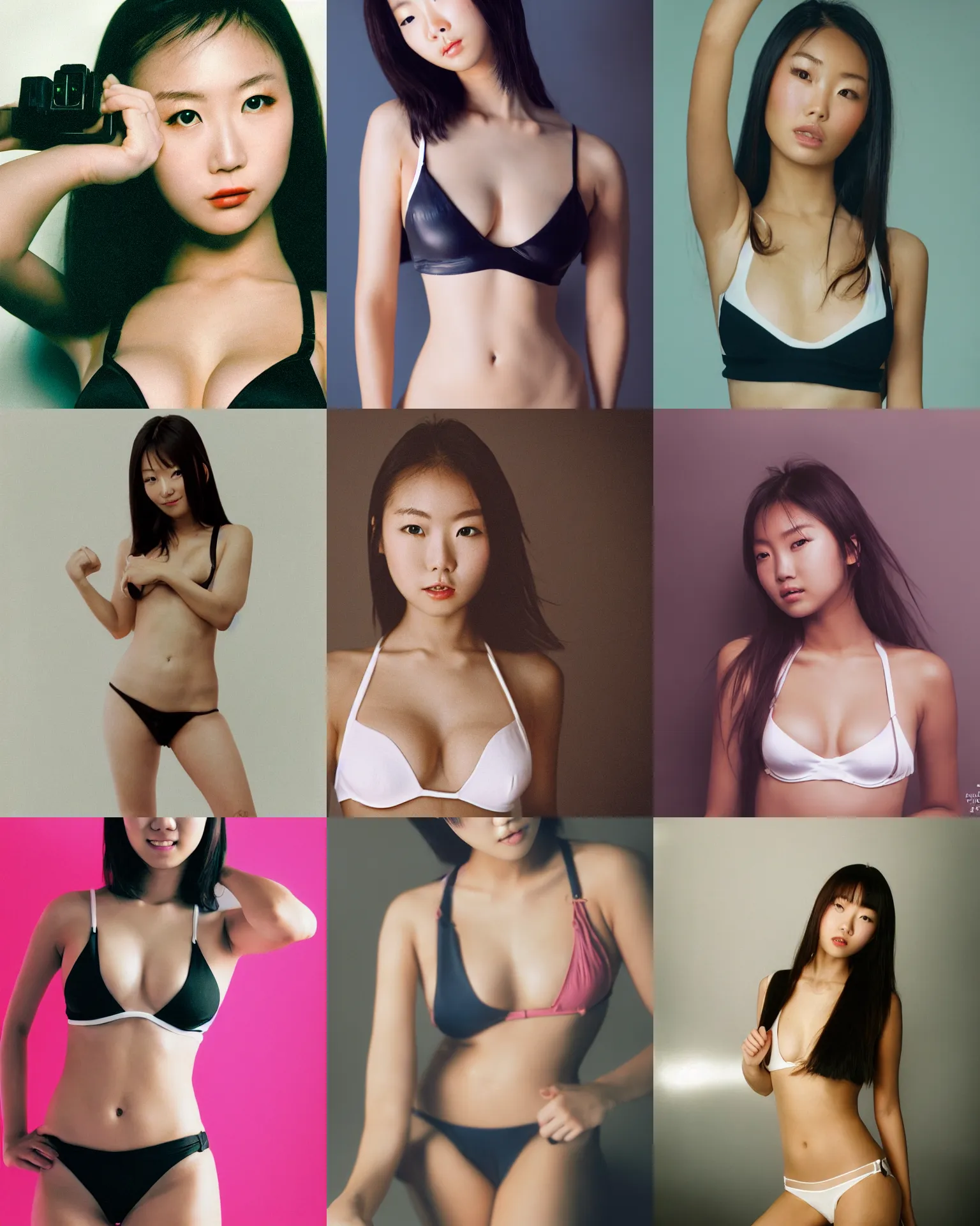 Prompt: Worksafe. 2000s, 8K HD professional studio photo close-up of a young beautiful gorgeous cute Japanese woman posing at white barble room, wearing bikini bra. At Behance and Instagram, taken with polaroid kodak portra. Photoshop, Adobe Lightroom, After Effects