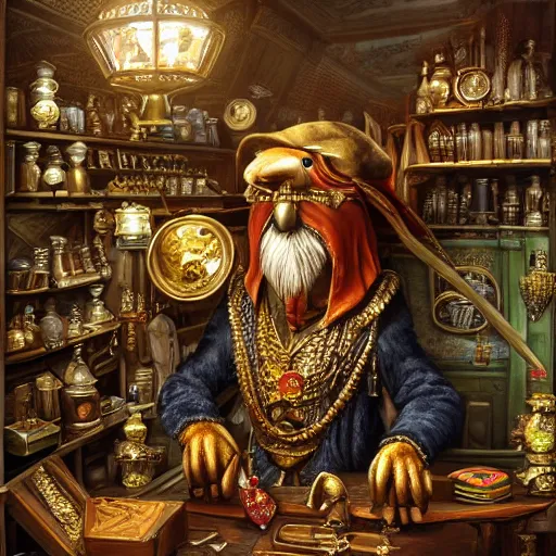 Prompt: a Anthropomorphized parrot trader in his shop, selling his wares, portrait, items, gold, carpet, window, presenting wares, holding a gold bag, D&D, fantasy, cinematic lighting, highly detailed, digital painting, artstation, concept art, smooth, sharp focus, illustration, warm light, cozy warm tint, magic the gathering artwork, volumetric lighting, 8k, art by Akihiko Yoshida, Greg Rutkowski