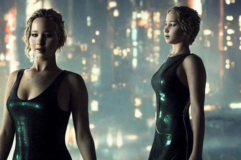 Image similar to jennifer lawrence in a cyberpunk outfit, sci-fi movie still, cinematic lighting