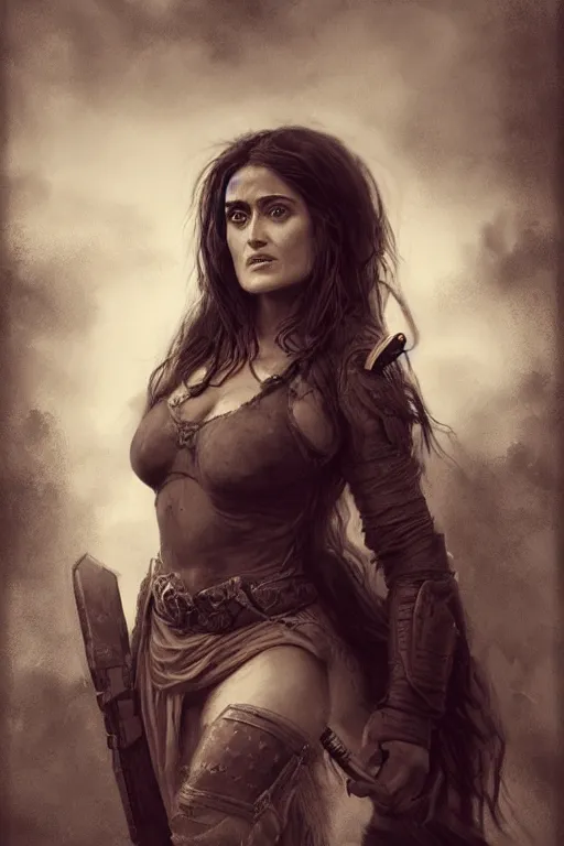 Image similar to portrait, toned Salma Hayek , barbarian , face portrait, raphael lacoste, eddie mendoza, alex ross, concept art, matte painting, highly detailed, rule of thirds, dynamic lighting, cinematic, detailed, denoised, centerd