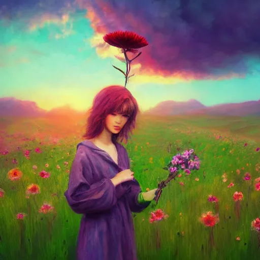 Prompt: girl with a singular flower for a head, surreal photography, dream, standing in flower field, magical, in a valley, sunrise dramatic light, impressionist painting, colorful clouds, artstation, simon stalenhag, flower face