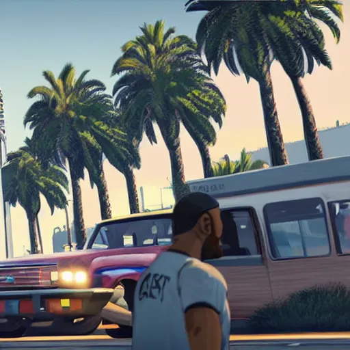 Image similar to Lebron James in GTA V . Los Santos in background, palm trees. in the art style of Stephen Bliss