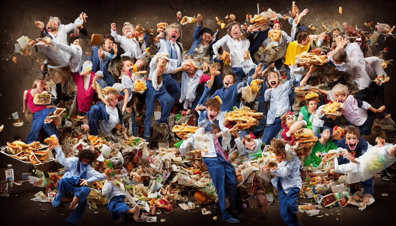 Prompt: disheveled children in rags obese men in suits and old people fighting in a fast food restaurant over piles half eaten rotting fast food, money floats in the air, hyper realistic photo, full colour, upscale, 8 k, masterpiece,