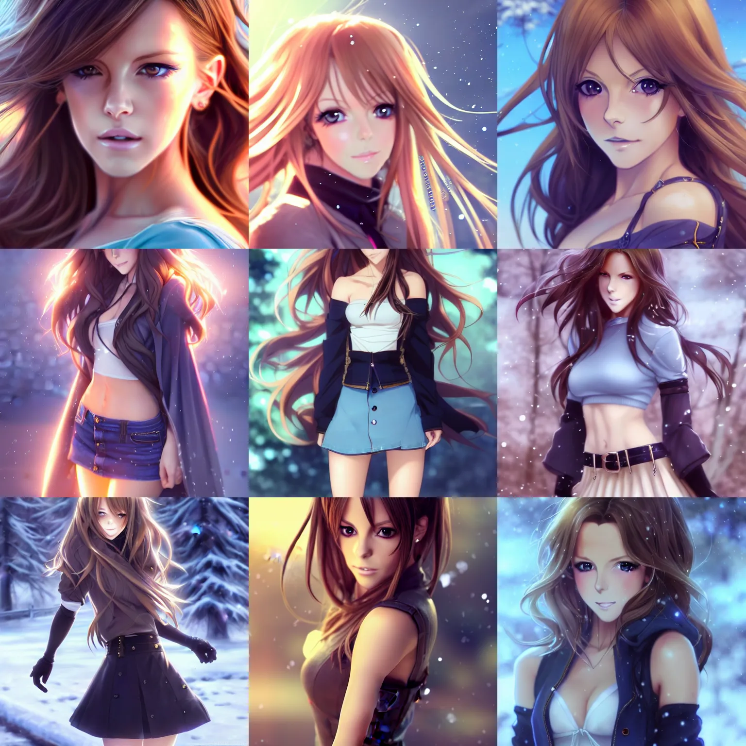 Prompt: kate Beckinsale as a very beautiful anime girl, full body, long golden hair, sky blue eyes, full round face, short smile, mini jeans skirt, cute top, winter setting, cinematic lighting, medium shot, mid-shot, highly detailed, trending on Artstation, Unreal Engine 4k, cinematic wallpaper by Stanley Artgerm Lau, WLOP, Rossdraws, James Jean, Andrei Riabovitchev, Marc Simonetti, and Sakimichan