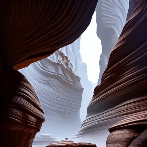 Image similar to cathedrals of carved stone in a canyon grotto, shiny layered geological strata,ground mist swirling vortexes,granular detail, by Sparth and Greg Rutkowski, hypermaximalist,micro details, 3d sculpture,f32,deep depth of field,cinematic lighting,digital rendering,photographic, wide angle,octane render , 4k, artstation, concept art, 35mm, graflex, color film photography,