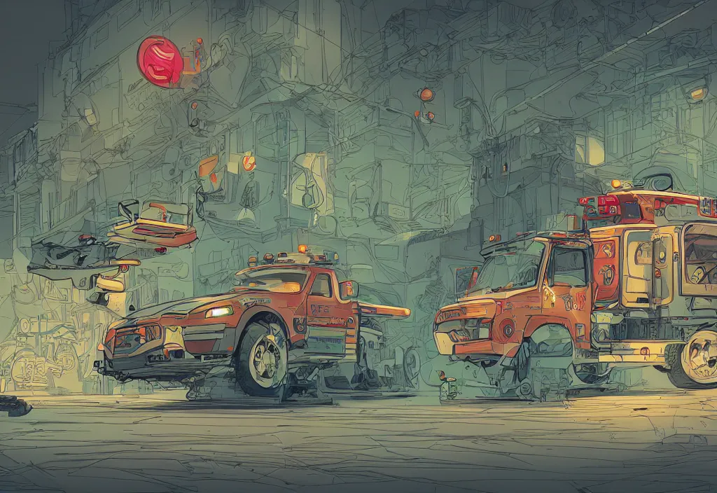 Image similar to handmade illustration of an ambulance, line art, ink, watercolor by Kilian Eng and by Jake Parker, winning-award masterpiece, fantastic, octane render, 8K HD Resolution, High quality image