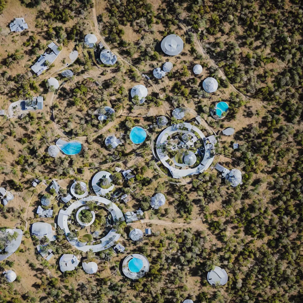 Prompt: aerial view of futuristic commune in the australian outback, parks, recreation, village, high technology, biomimetic, urban planning, XF IQ4, 150MP, 50mm, F1.4, ISO 200, 1/160s, natural light