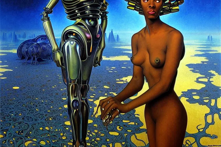 Image similar to realistic extremely detailed portrait painting of a beautiful black woman with a robot, futuristic sci-fi landscape on background by Jean Delville, Amano, Yves Tanguy, Mark Brooks, Alphonse Mucha, Ernst Haeckel, Edward Robert Hughes, Roger Dean, rich moody colours, blue eyes