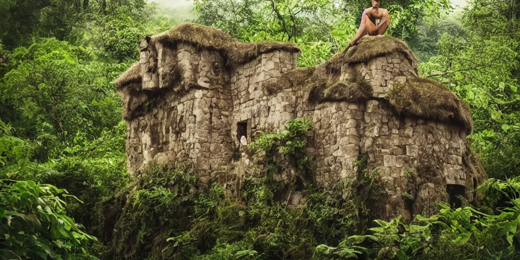 Image similar to a gentle powerful king live in his castle in the middle of the jungle, professional photography