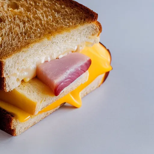 Image similar to a ham and cheese sandwich on white bread, sitting on a thick old book. high definition photograph